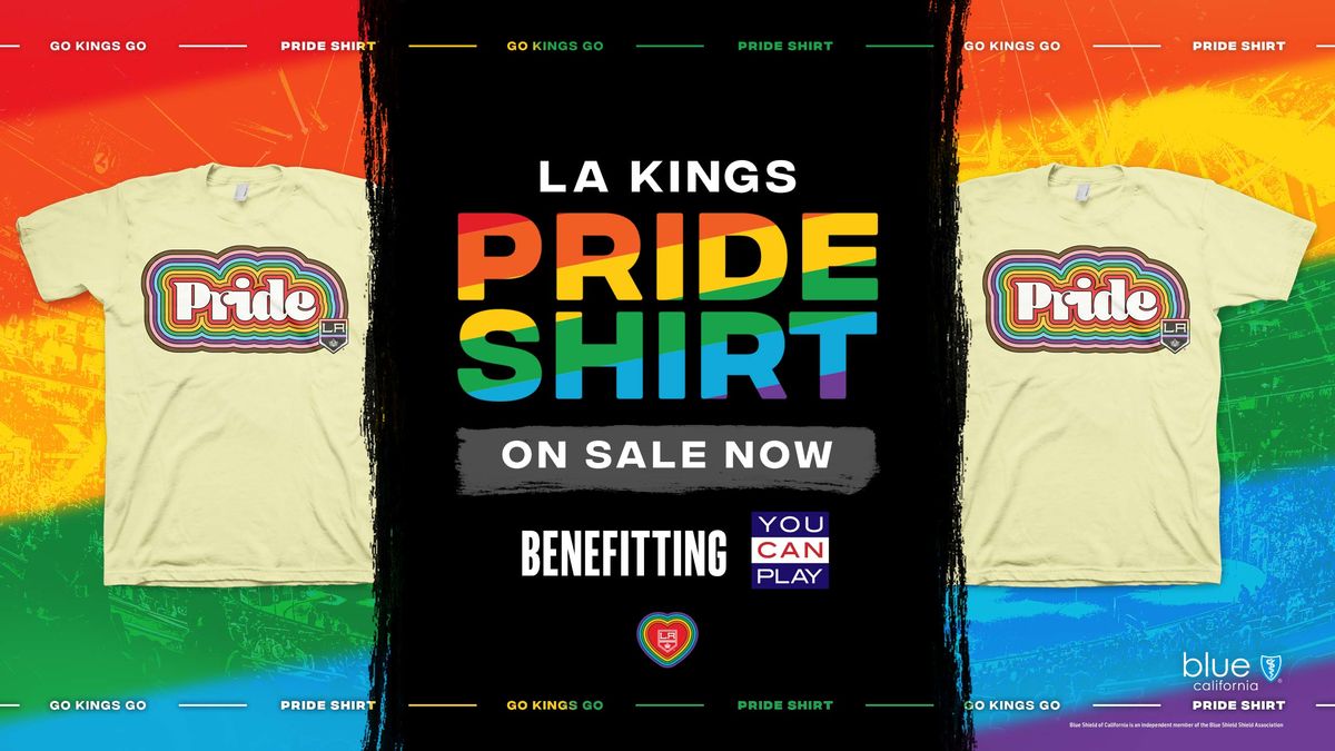 LA Kings yellow Pride Shirts appear in front of a rainbow design with graphics saying "LA Kings Pride Shirt On Sale Now"