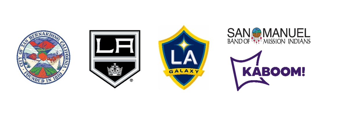 City of San Bernardino County logo, LA Kings logo, LA Galaxy logo, San Manuel logo and Kaboom! Logo