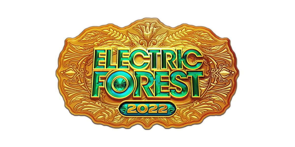 Electric Forest 2022 is displayed in metallic green surrounded by a metallic gold design similar to a belt buckle. 