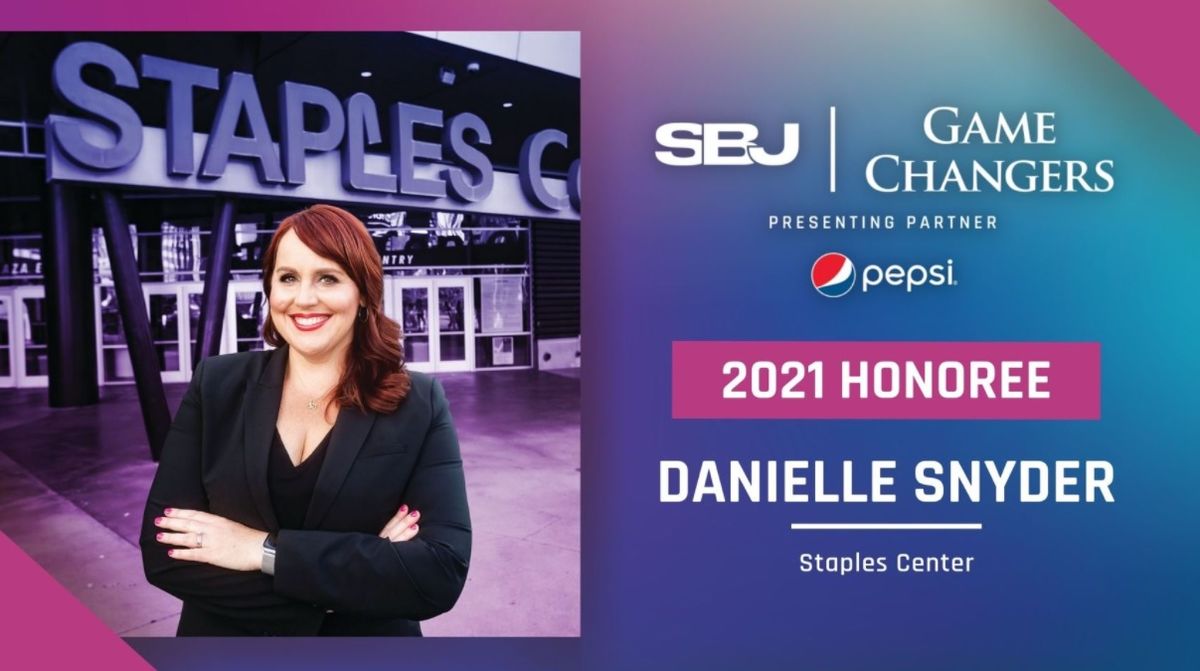 A photo of Danielle Snyder is on the left while a graphic with SBJ Game Changer appears on the right. 