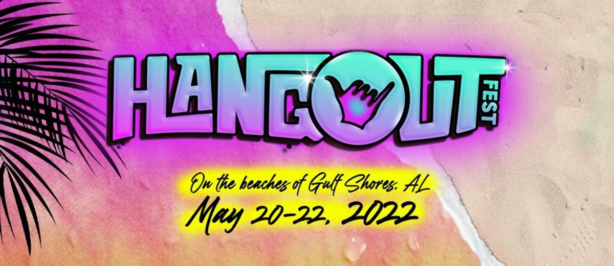 Hangout Fest pops in blue lettering with a pink shoreline and palm tree off the side of the corner.