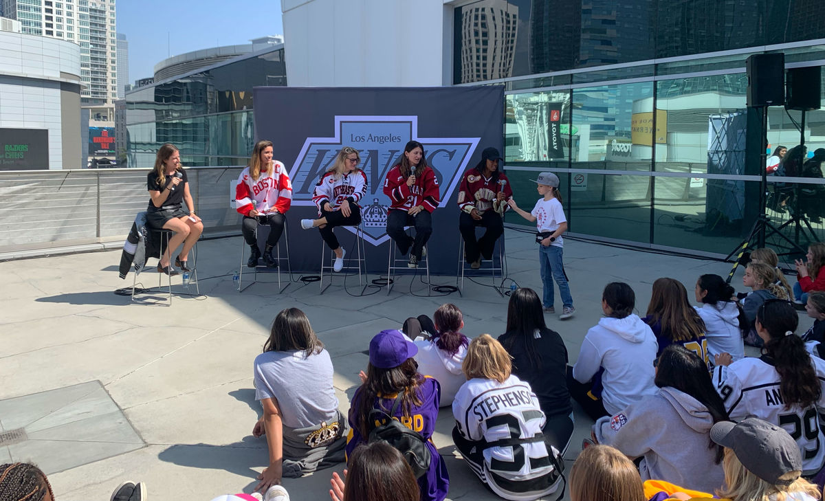 Blake Bolden, Chelsey Goldberg, Keely Moy and Reagan Rust, share their stories and experiences in hockey with attendees.