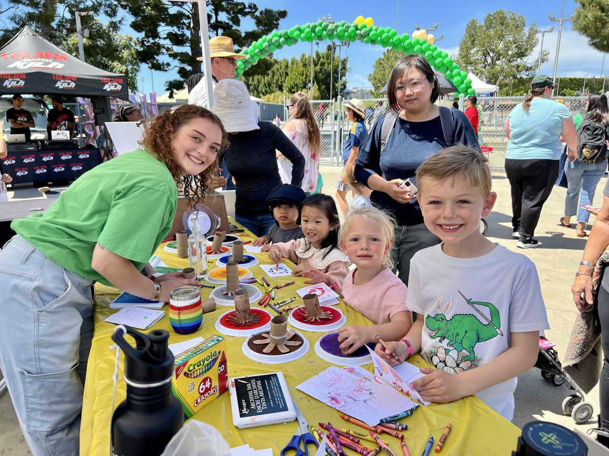 Attendees participate in upcycled arts and crafts at the 15th Annual Easter Egg Hunt and Earth Day Celebration at Dignity Health Sports Park in Carson, CA.