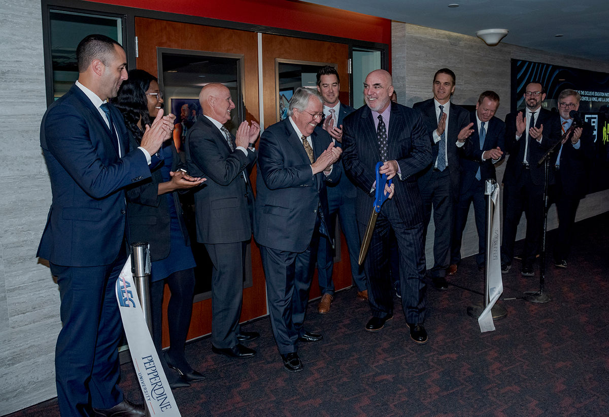 AEG and Pepperdine University executives cut the ribbon to officially open the university’s classroom inside STAPLES Center. ( AEG and Pepperdine University executives cut the ribbon to officially open the university’s classroom inside STAPLES Center. (