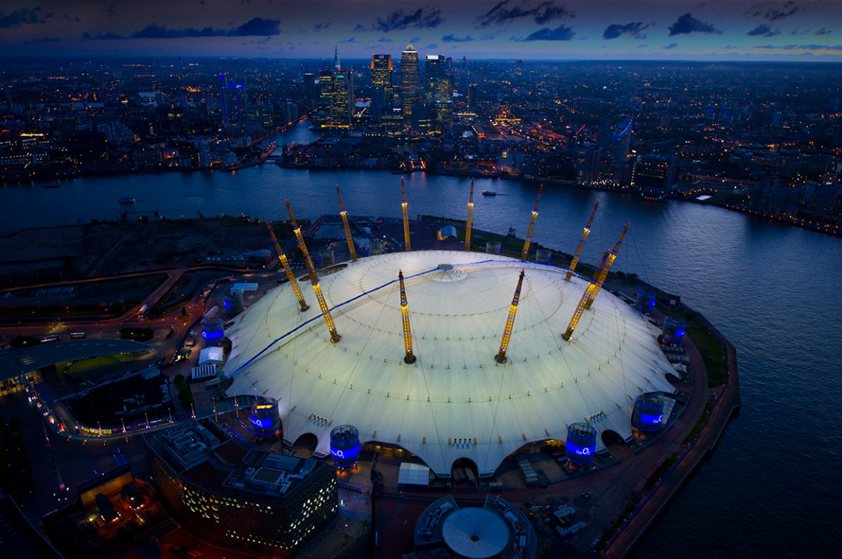 Exterior image of the O2 at dusk