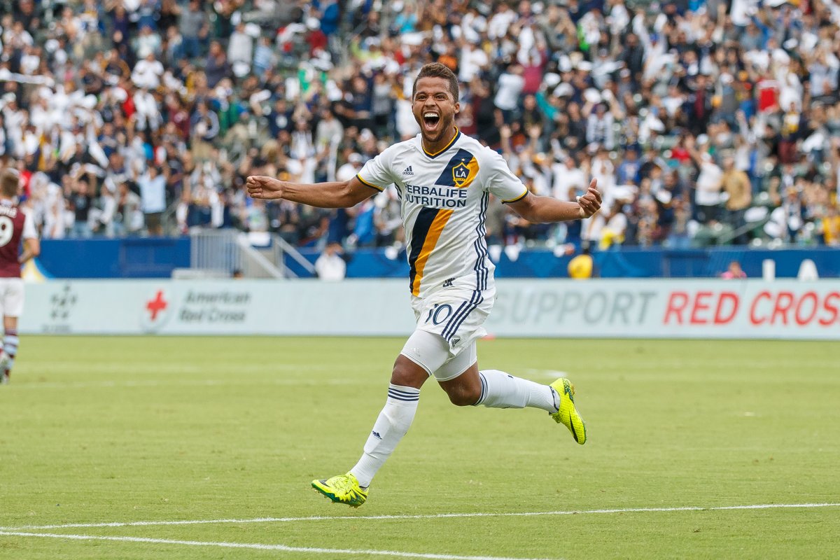 Galaxy soccer player celebrating on the field