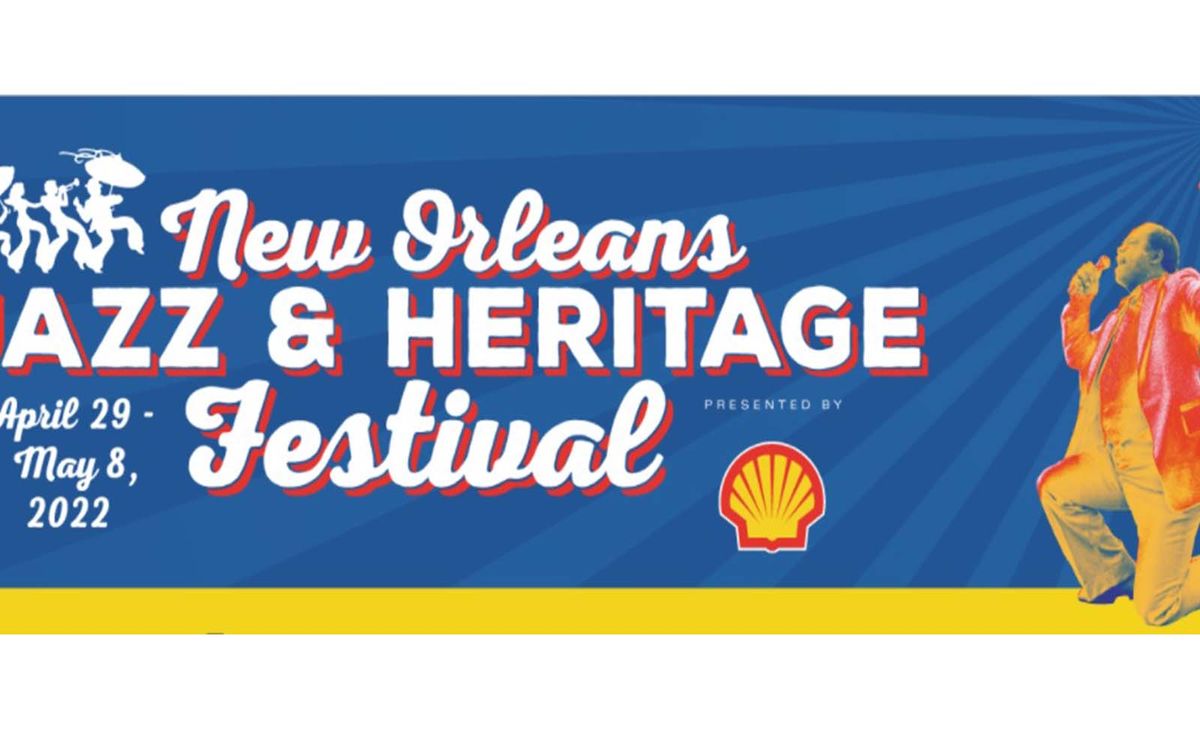 New Orleans Jazz & Heritage Festival appears on a blue background with a white silhouette of a group of jazz singers performing in the top left corner.